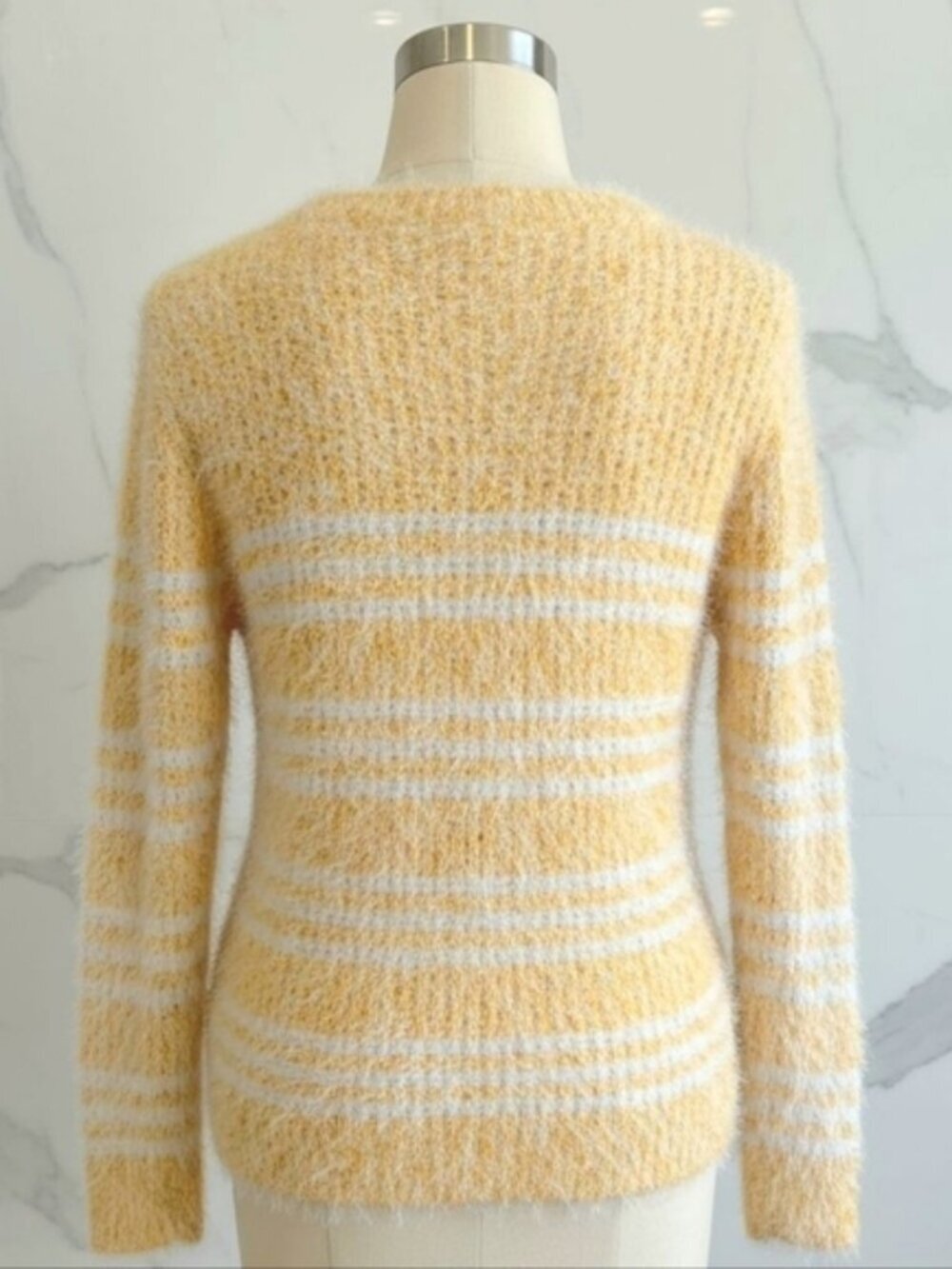 XY Fashion Fuzzy Striped Crewneck Sweater Cottagecore Preppy Butter Yellow S/M - Picture 5 of 16